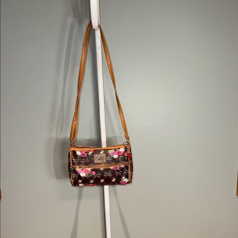 Beverly Hills Polo Club Brown, Pink Floral Shoulder Bag , Strawberry Key charm - Picture 2 of 11